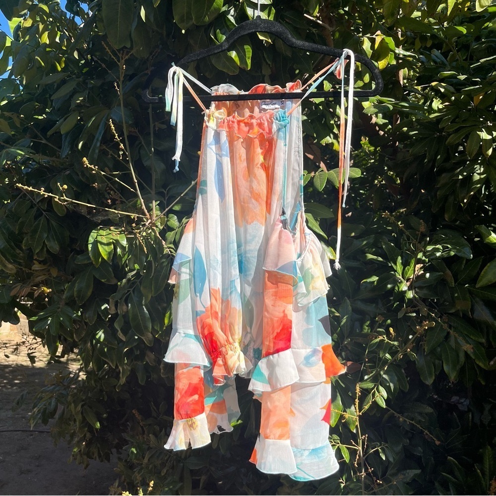 Charo Ruiz white orange floral watercolor‎ ruffle cold shoulder puff sleeve top